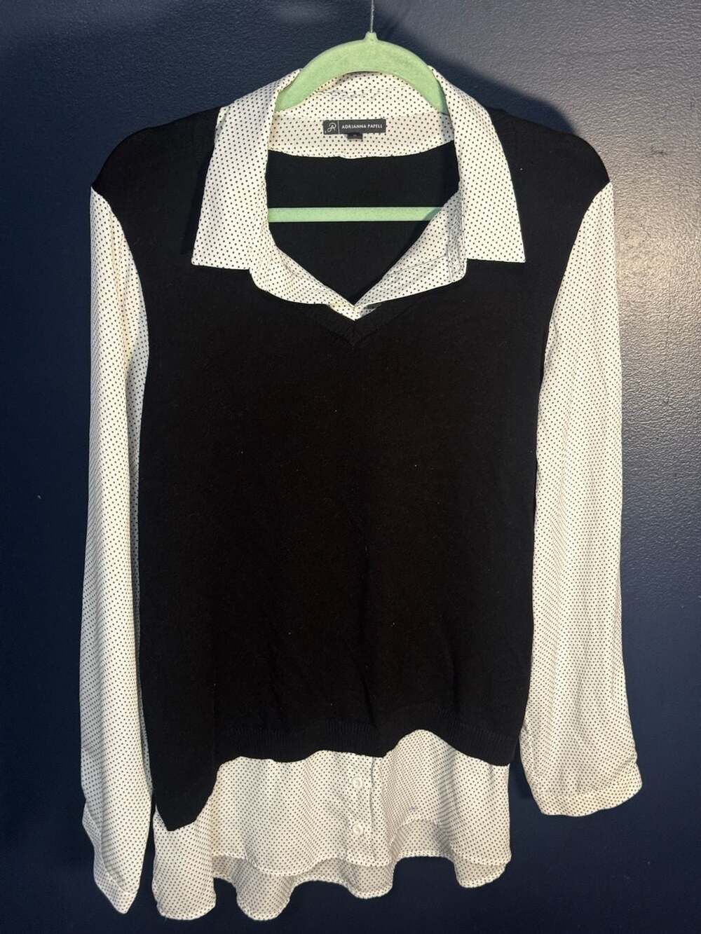 Adrianna Papell Two-Fer Layered Look Polka Dot Blouse with Knit Sweater Vest Ove